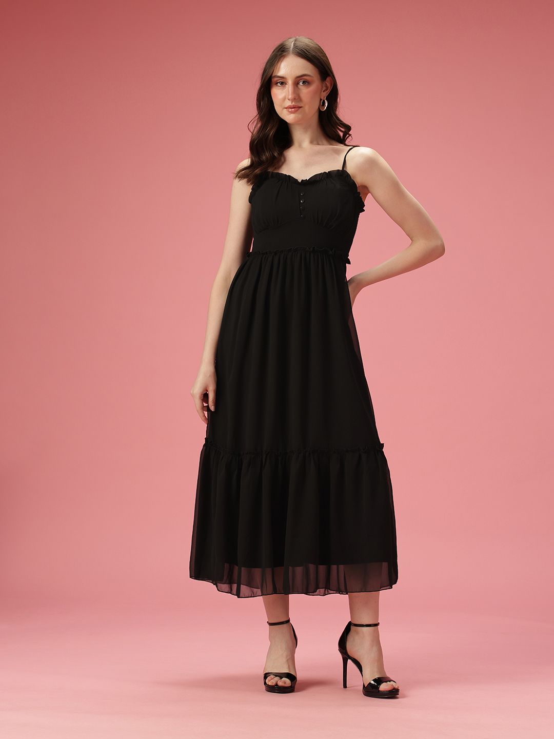 DressBerry Shoulder Straps A-Line Tiered Midi Dress