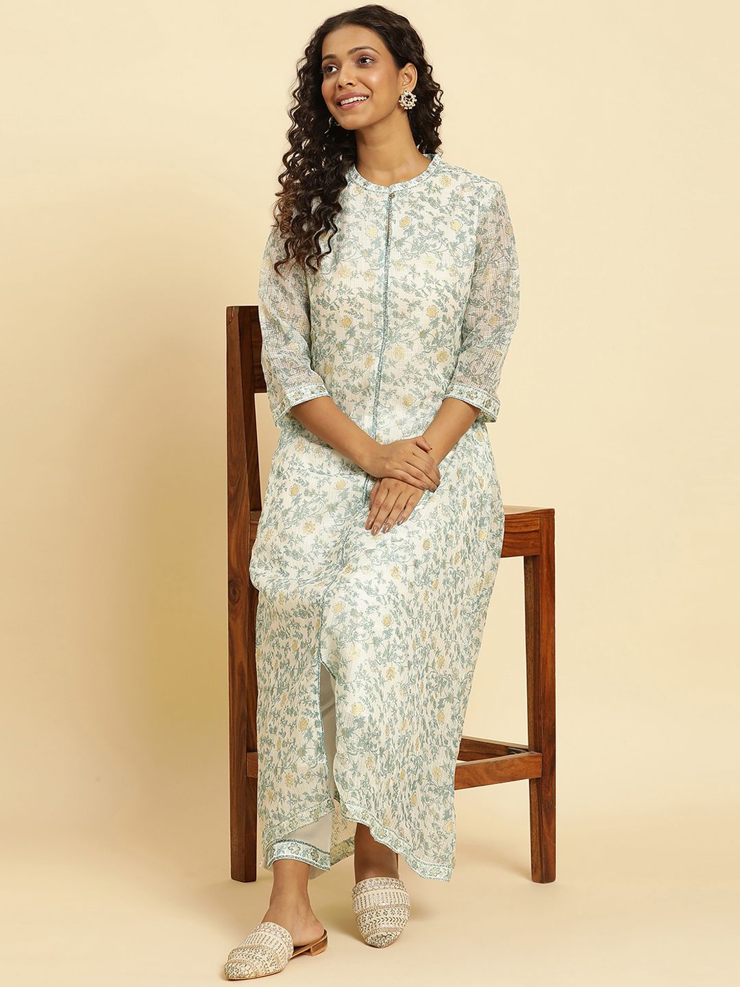 W Floral Printed Band Collar A-Line Kurta