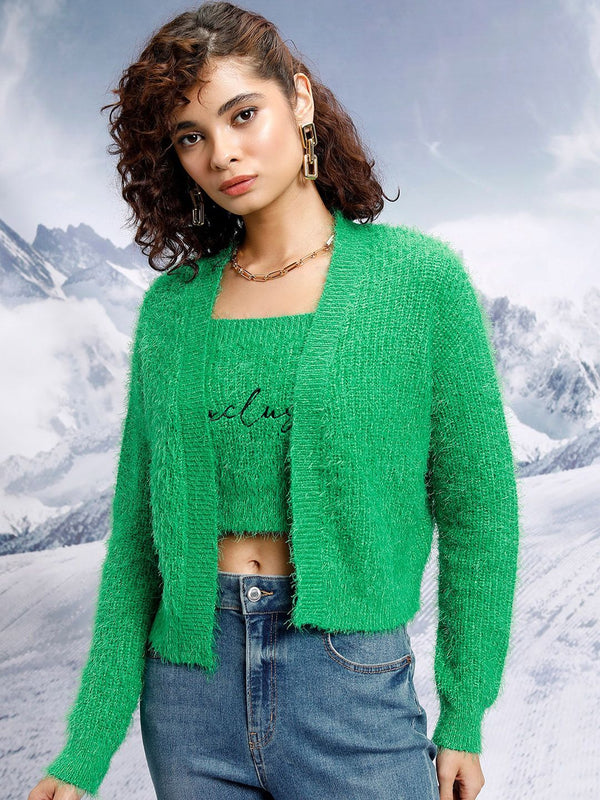 Tokyo Talkies Green Self Design Shoulder Straps Acrylic Crop Top With Cardigan