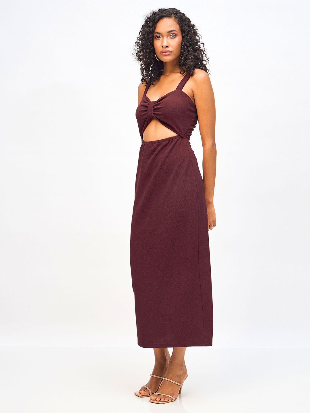 SASSAFRAS Shoulder Strap Waist Cut Out Bodycon Midi Dress