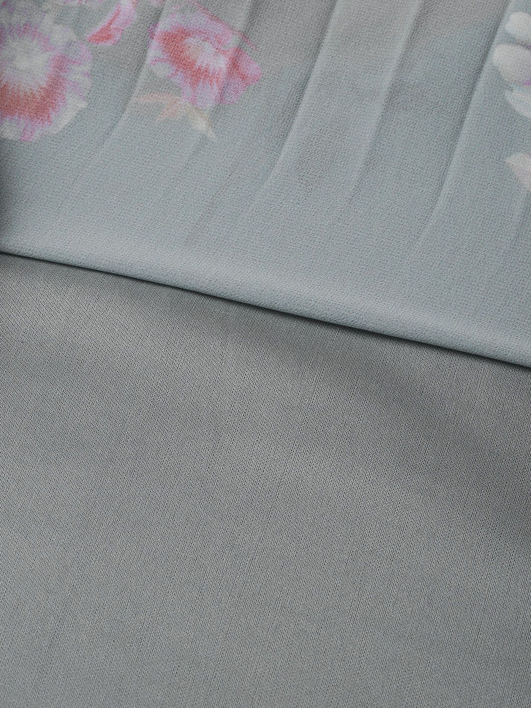 SASSAFRAS Grey & Peach-Coloured Floral Printed Accordian Pleat Fit & Flare Dress