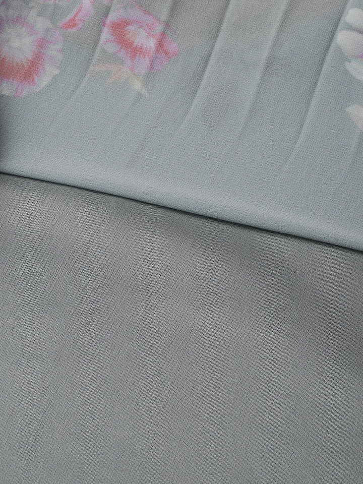 SASSAFRAS Grey & Peach-Coloured Floral Printed Accordian Pleat Fit & Flare Dress