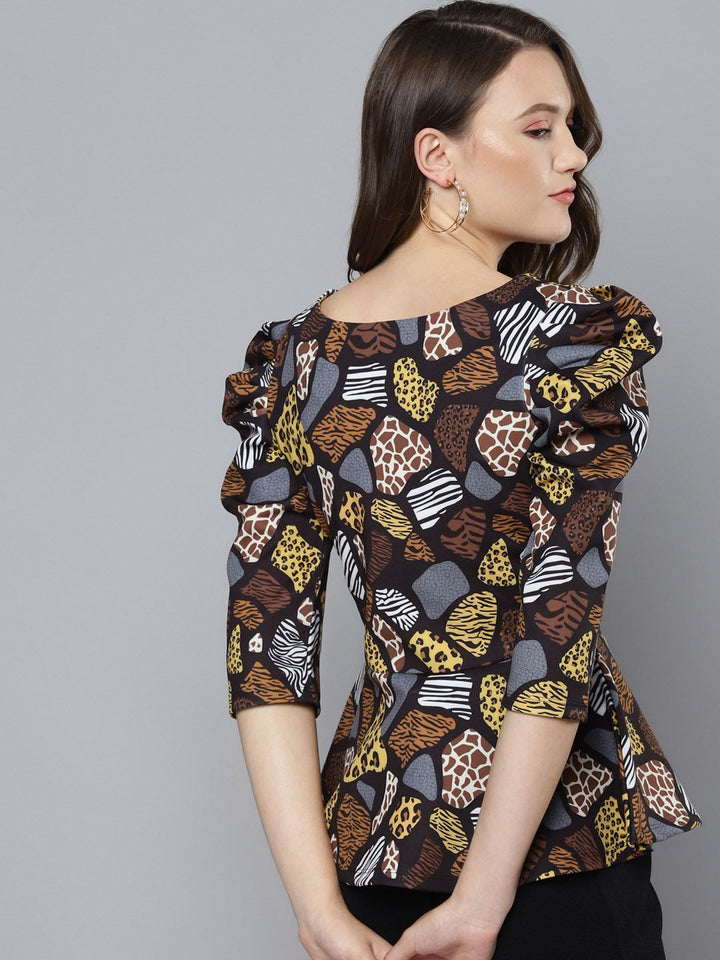 SASSAFRAS Black & Mustard Yellow Scuba Animal Print Peplum Top