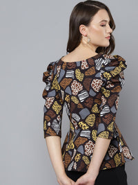 SASSAFRAS Black & Mustard Yellow Scuba Animal Print Peplum Top