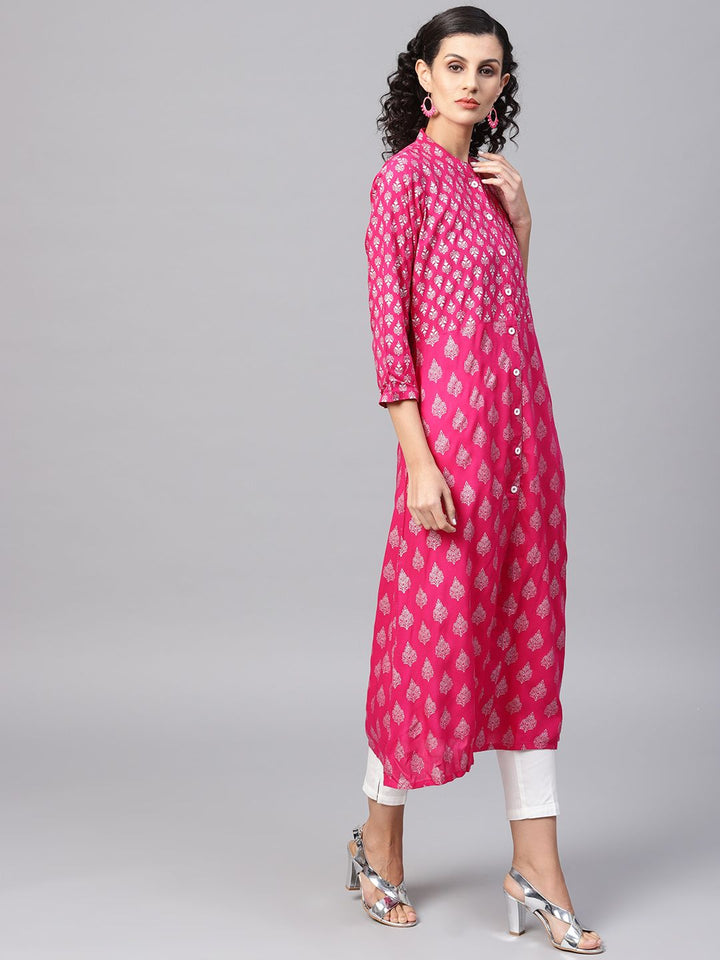 SOJANYA Women Pink & Silver Foil Print A-Line Kurta