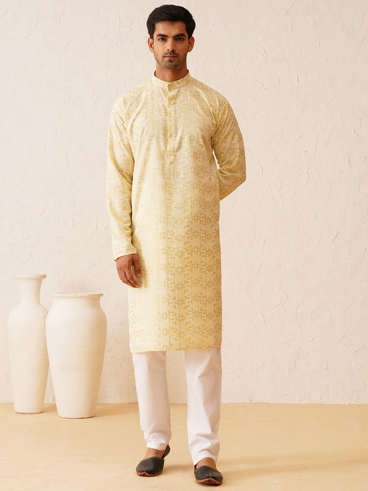 SOJANYA Geometric Woven Design Mandarin Collar Zari Cotton Straight Kurta