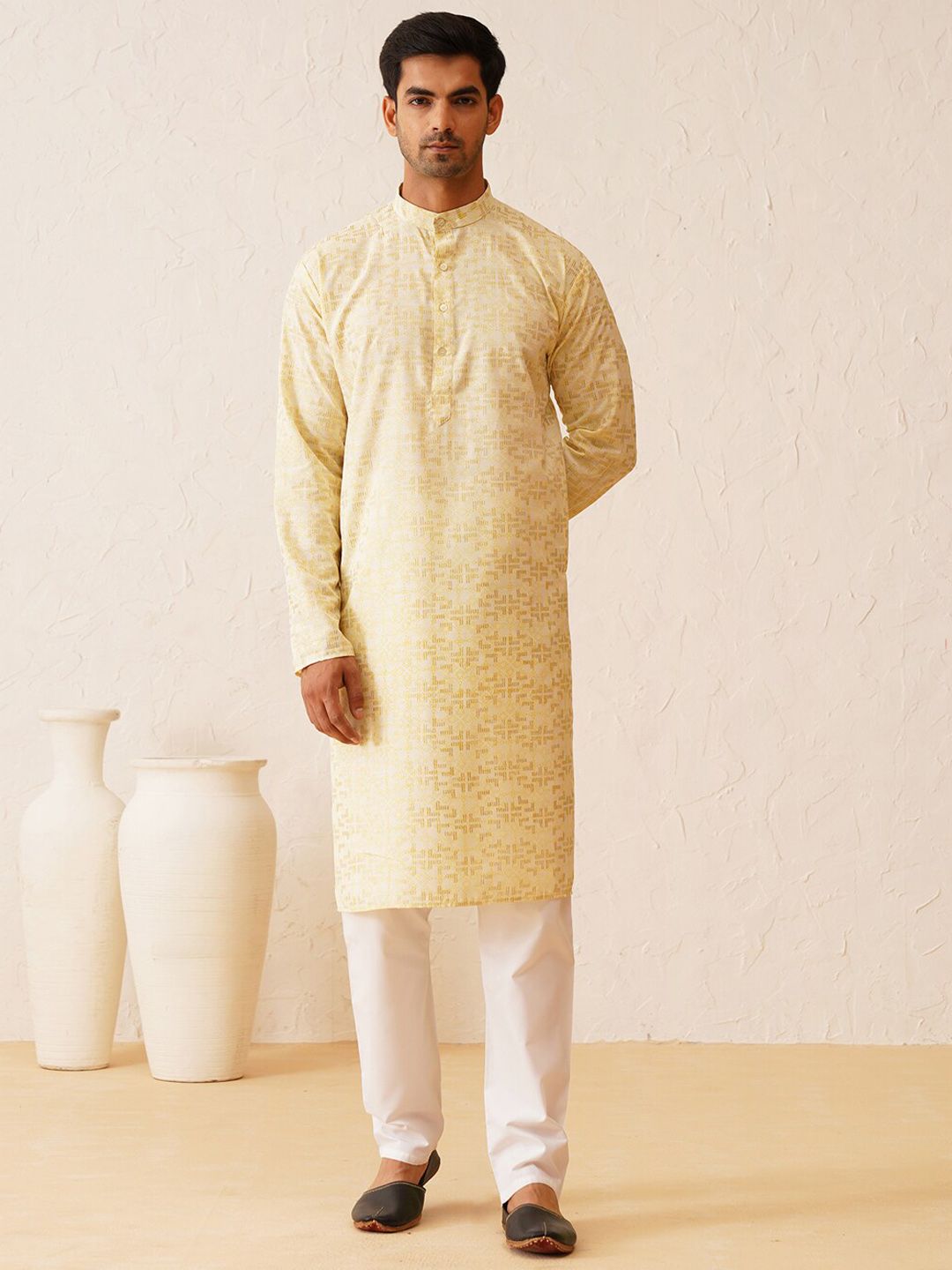 SOJANYA Geometric Woven Design Mandarin Collar Zari Cotton Straight Kurta