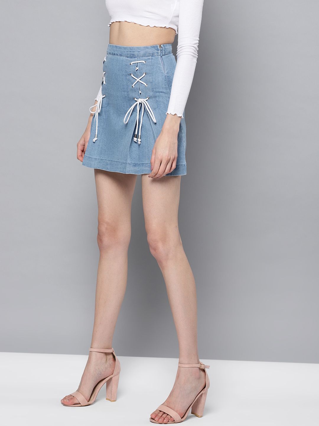 STREET 9 Blue Denim Pleated Mini A-Line Pure Cotton Skirt