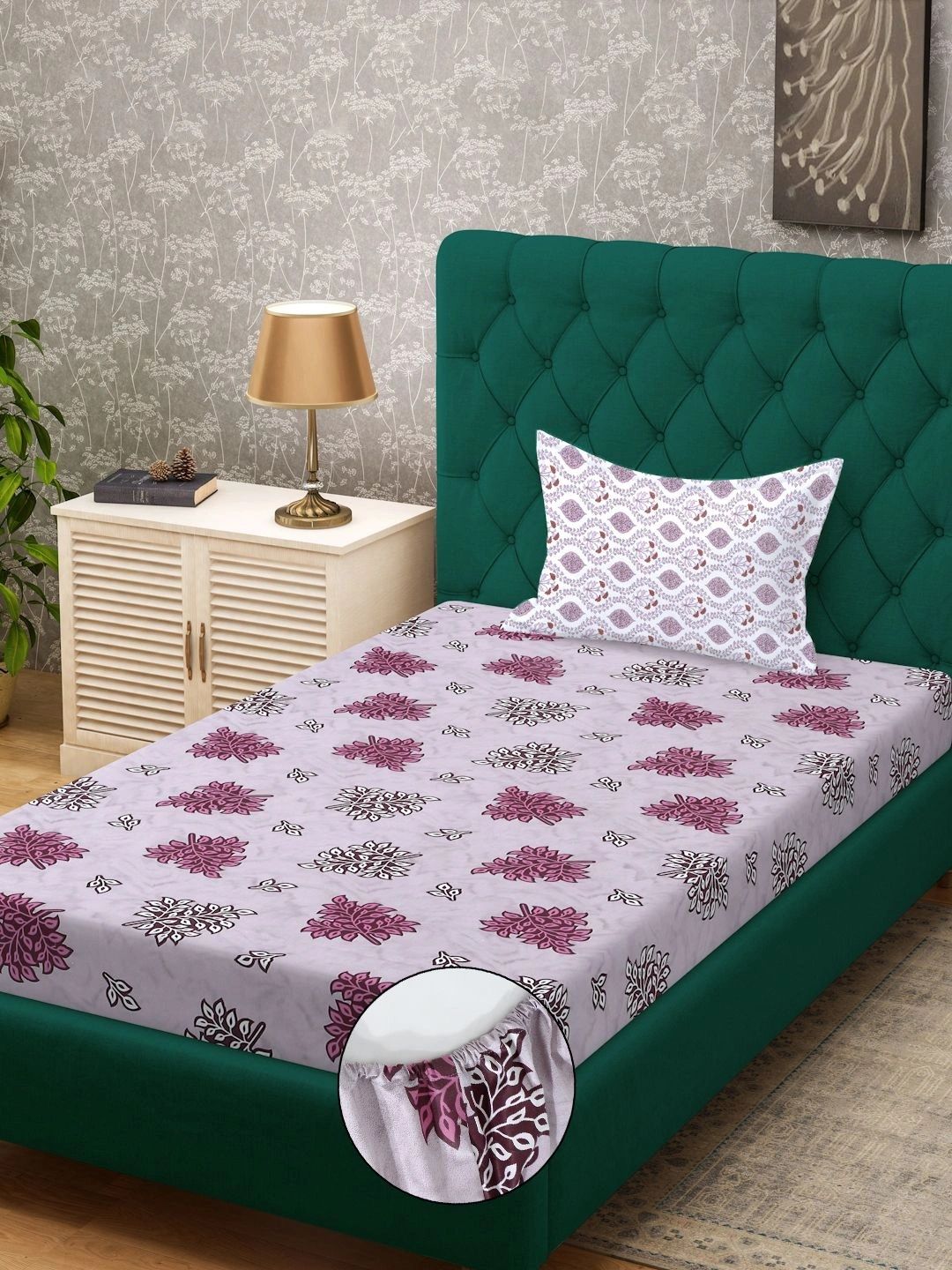 Myntra Elegant Homes Purple Floral 400 TC Single Bedsheet with 1 Pillow Covers