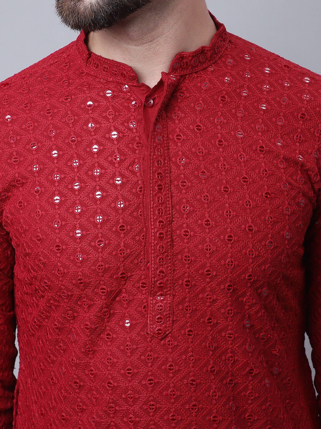 SOJANYA Men Embroidered Mirror Work Pure Cotton Kurta With Pyjamas & Nehru Jacket