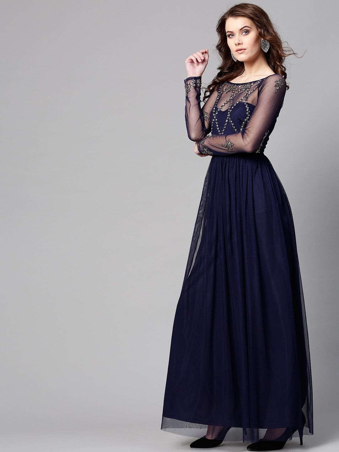 STREET 9 Women Navy Blue Embellished Detail Net Maxi Dress