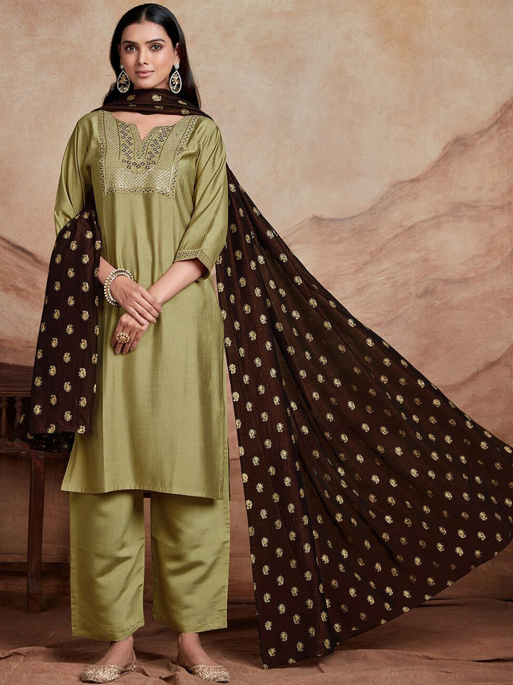 KALINI Ethnic Motifs Yoke Design Chanderi Silk Straight Kurta With Palazzos & Dupatta