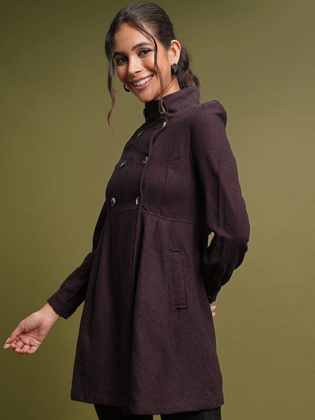 Tokyo Talkies Maroon Mock Collar Hip Length Cotton Princess Coat
