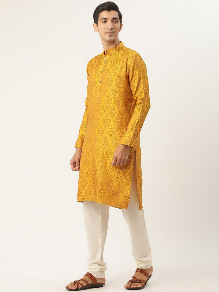 SOJANYA Men Mustard Ethnic Motifs Kurta with Churidar & Nehru Jacket