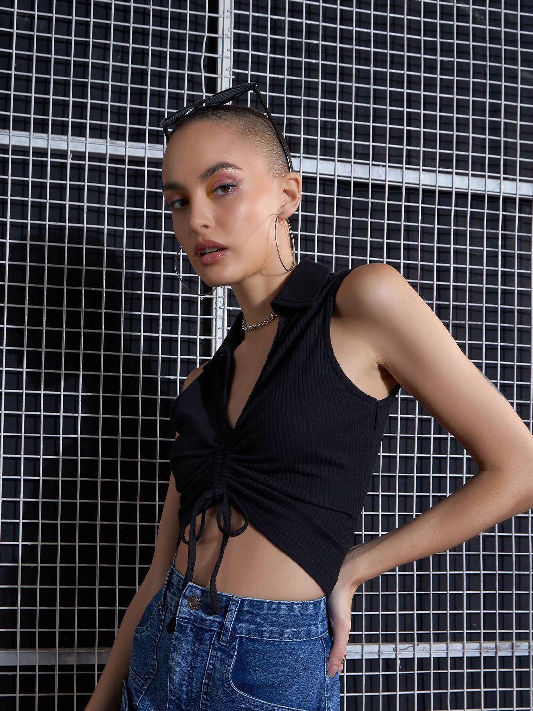 SASSAFRAS Black Lace-Up Shirt Style Crop Top