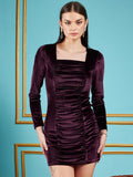 SASSAFRAS Purple Square Neck Gathered Detail Velvet Bodycon Dress