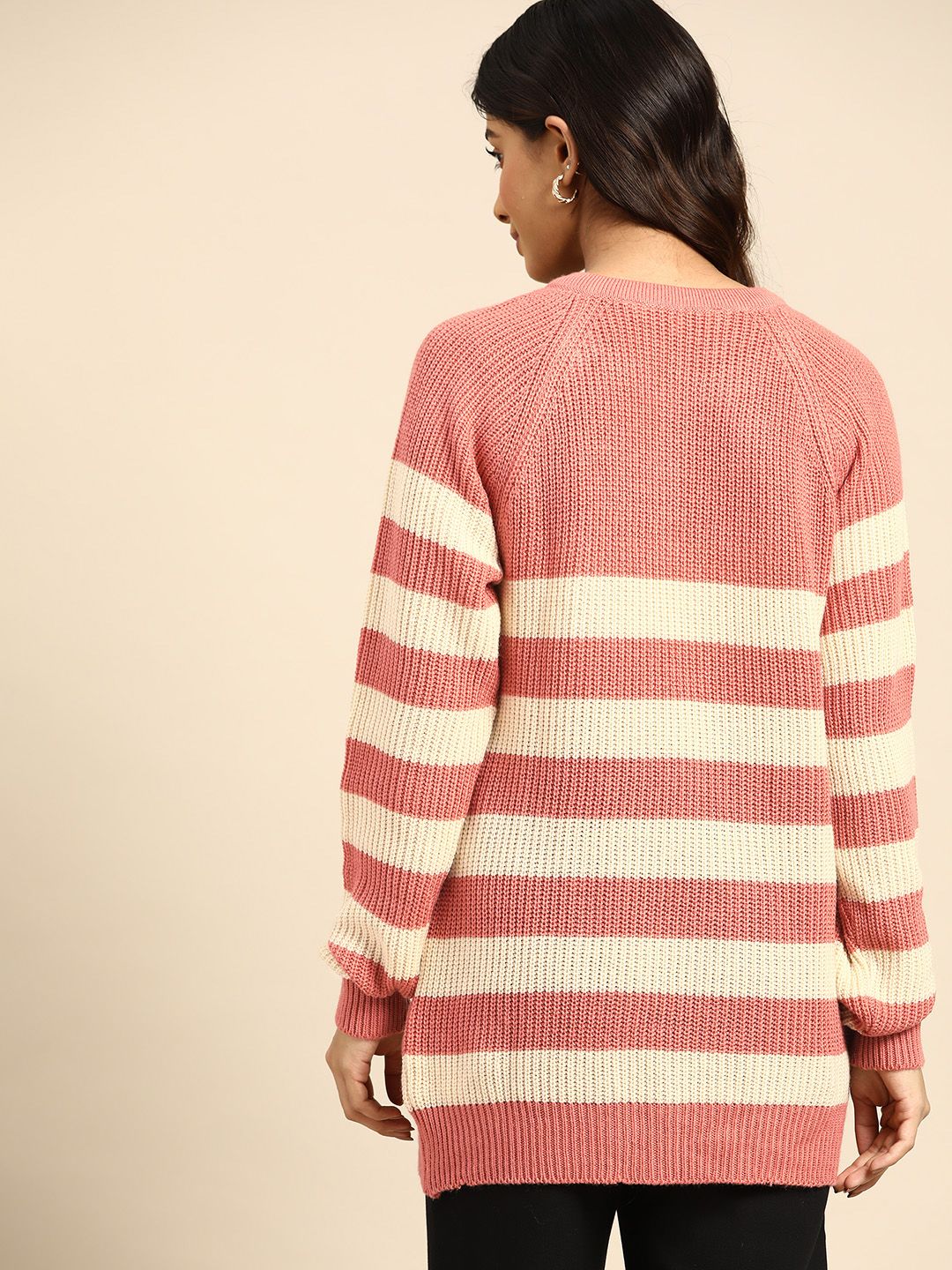 all about you Women Pink & Cream-Coloured Striped Button Detail Pullover