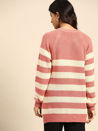 all about you Women Pink & Cream-Coloured Striped Button Detail Pullover