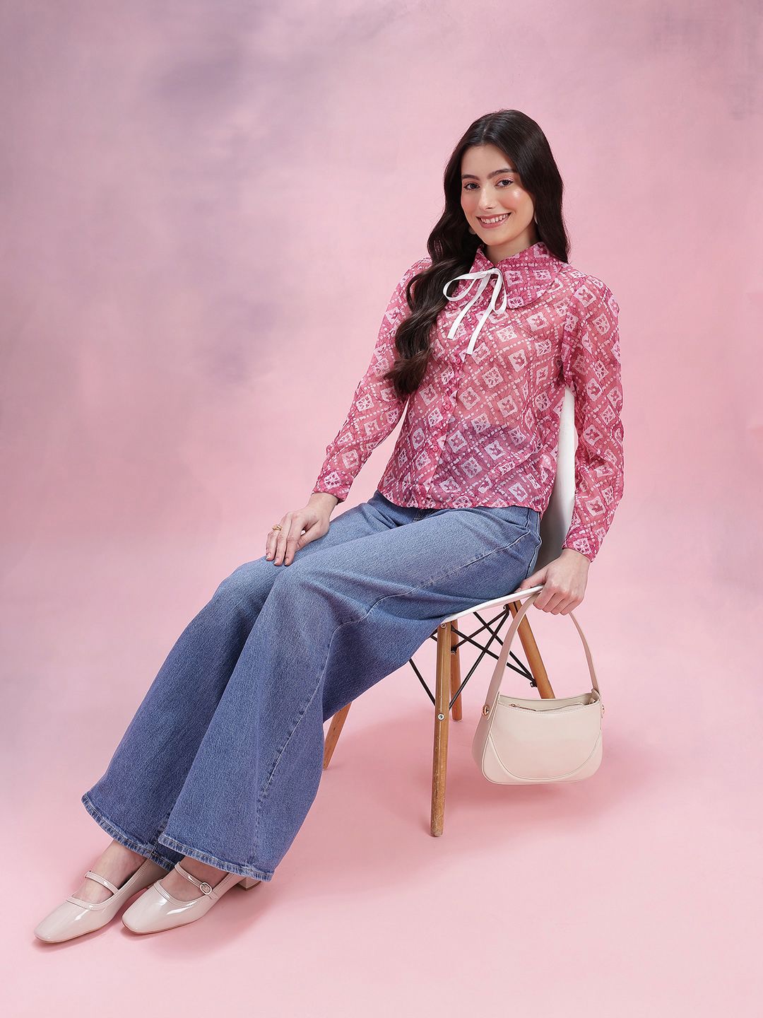 DressBerry Printed Club Collar with Tie-Ups Semi Sheer Casual Shirt