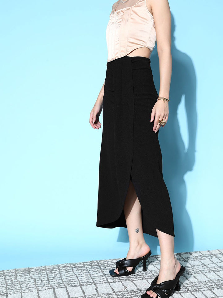 Berrylush Women Black Solid High Waist Draped Tulip Skirt