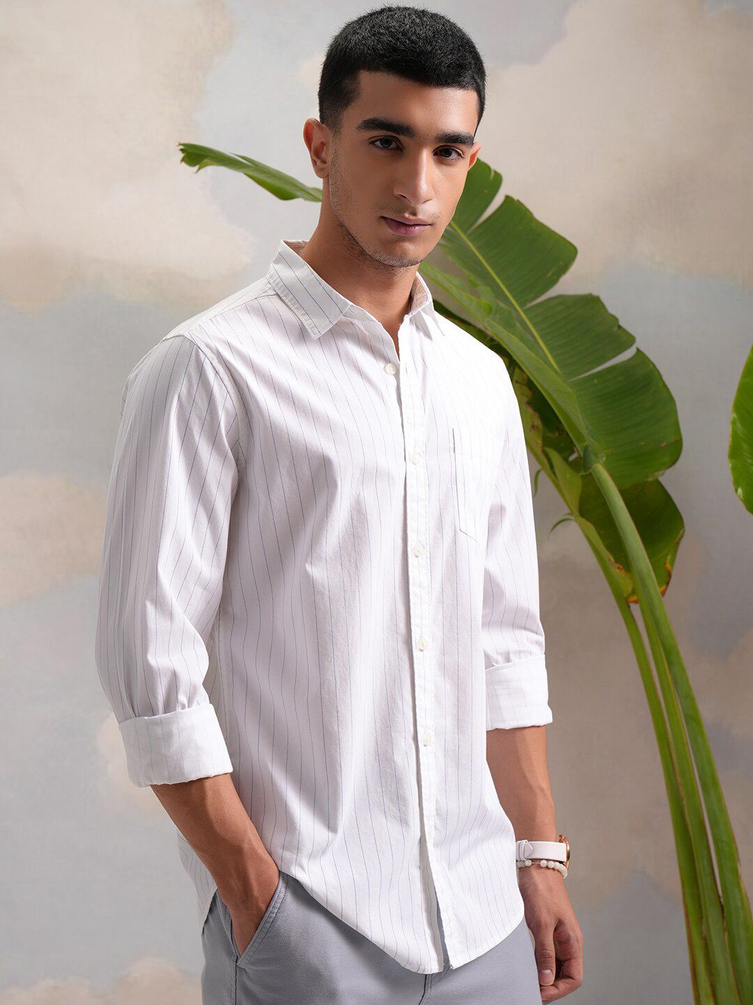 HIGHLANDER Classic White Slim Fit Vertical Striped Spread Collar Cotton Casual Shirt