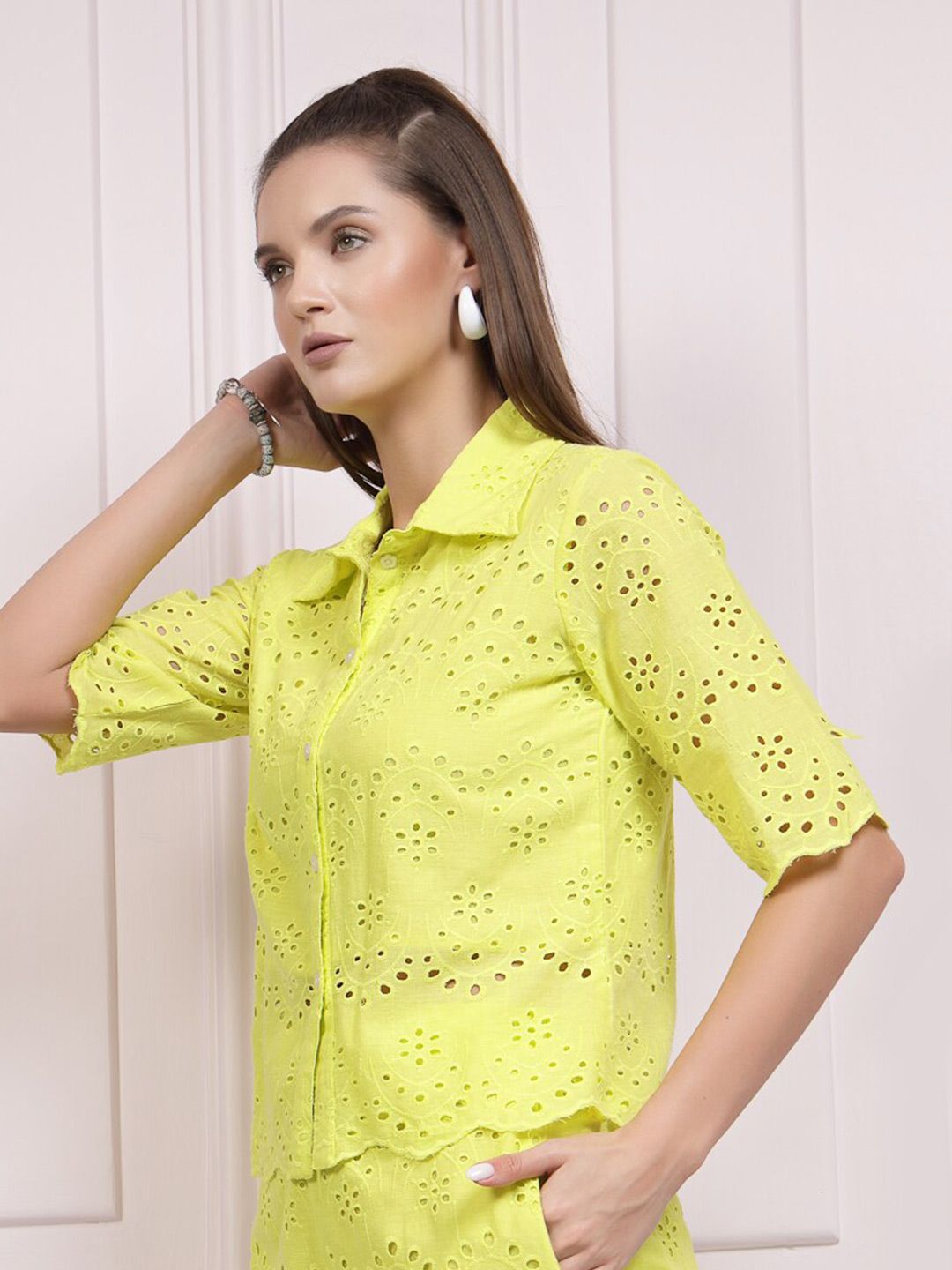 Athena Geometric Printed Shiffli Cotton Shirt Style Top