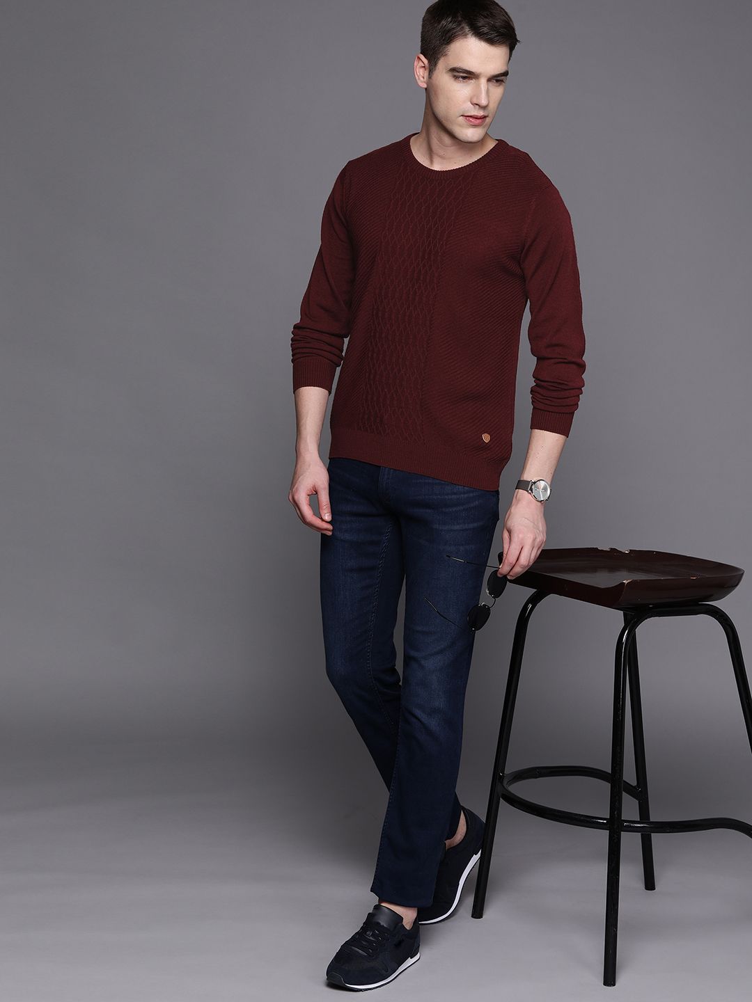 Raymond Men Maroon Cable Knit Pullover
