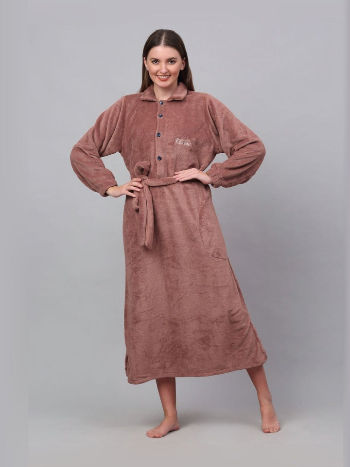 KLOTTHE Rust Woolen Long Sleeve Bath Robe With Belt