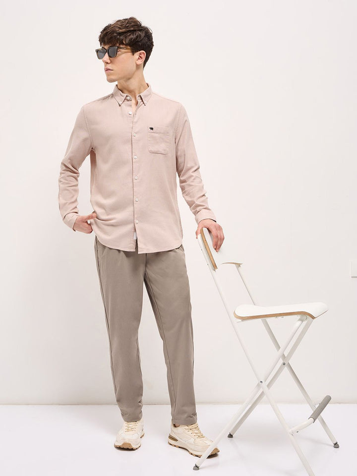 THE BEAR HOUSE Pure Cotton Button-Down Collar Solid Slim Fit Shirt