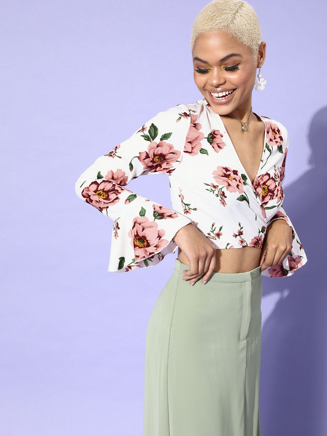 Berrylush Women White Floral Bell Sleeves Top