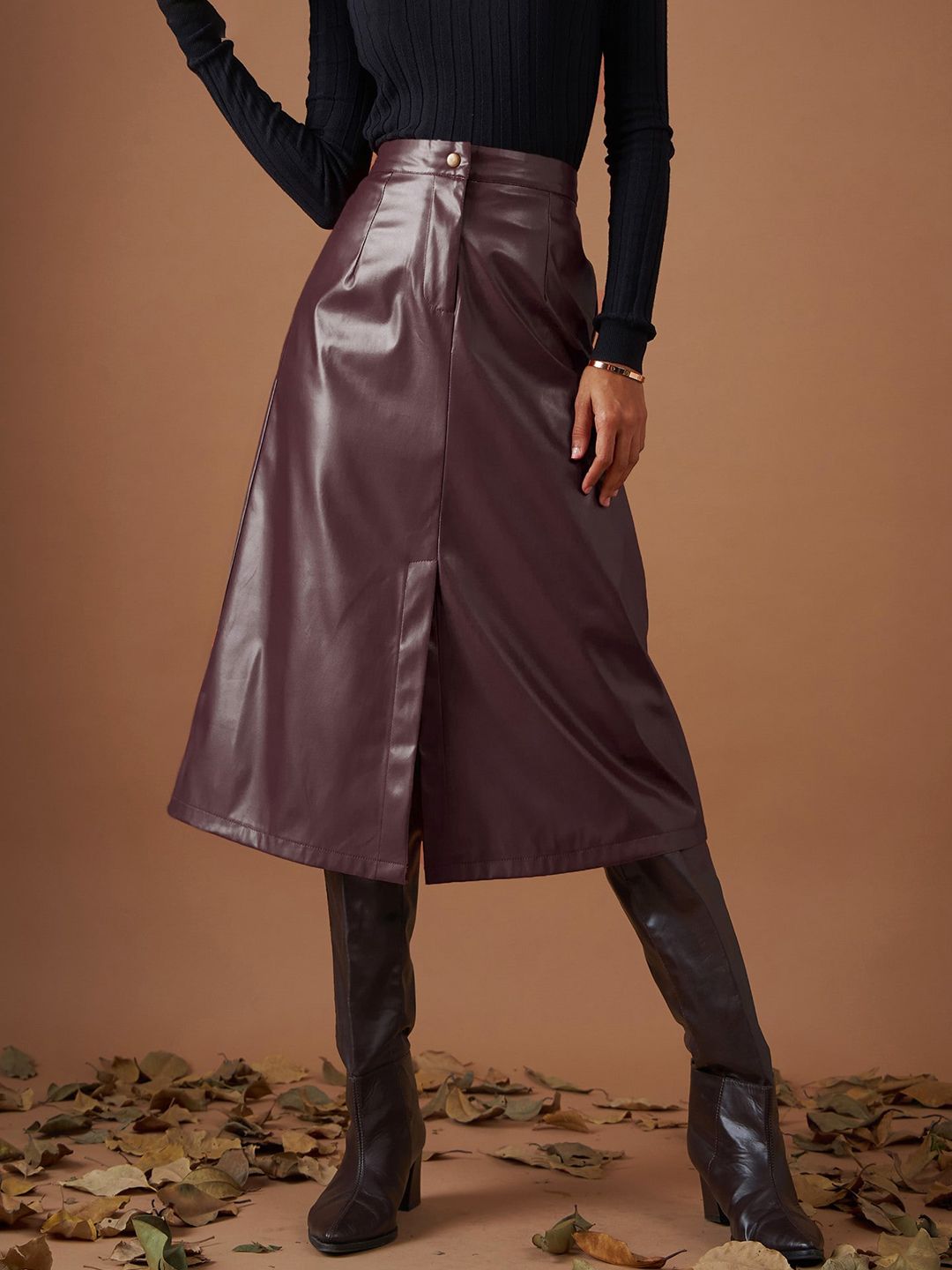SASSAFRAS Maroon A-Line Midi Skirt