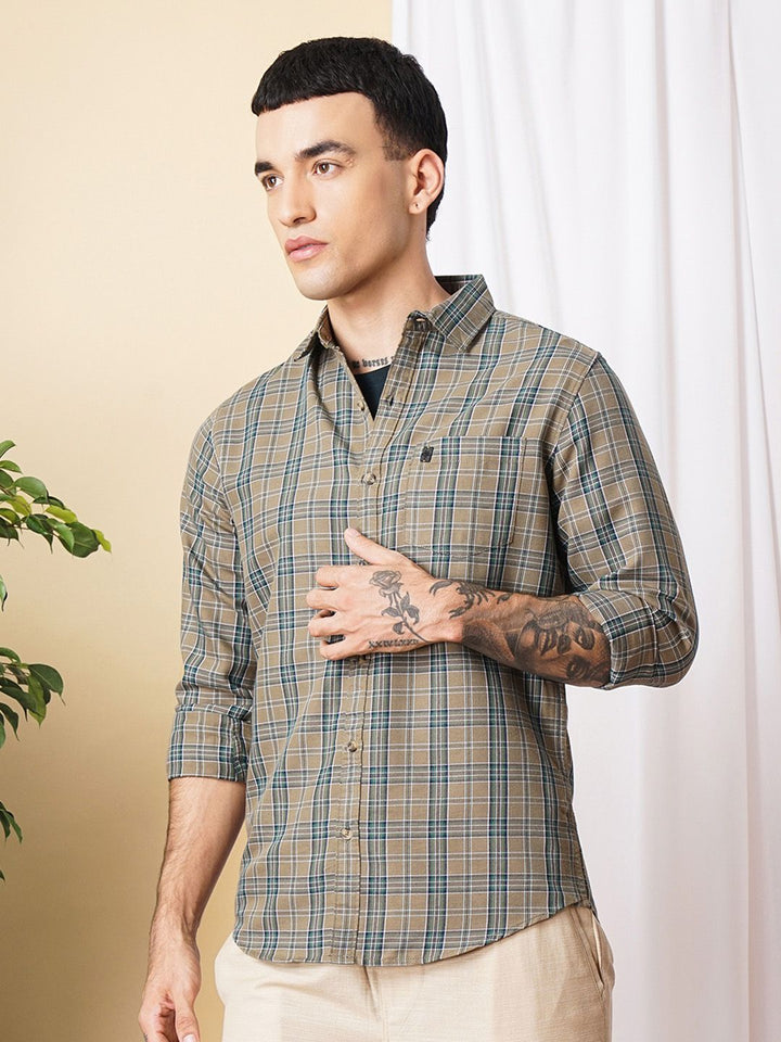 The Indian Garage Co Men Brown & Green Checked Pure Cotton Casual Shirt