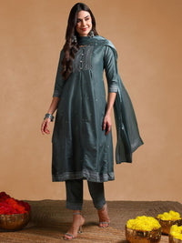 KALINI Ethnic Motifs Printed Round Neck Gotta Patti Empire Kurta With Trouser & Dupatta