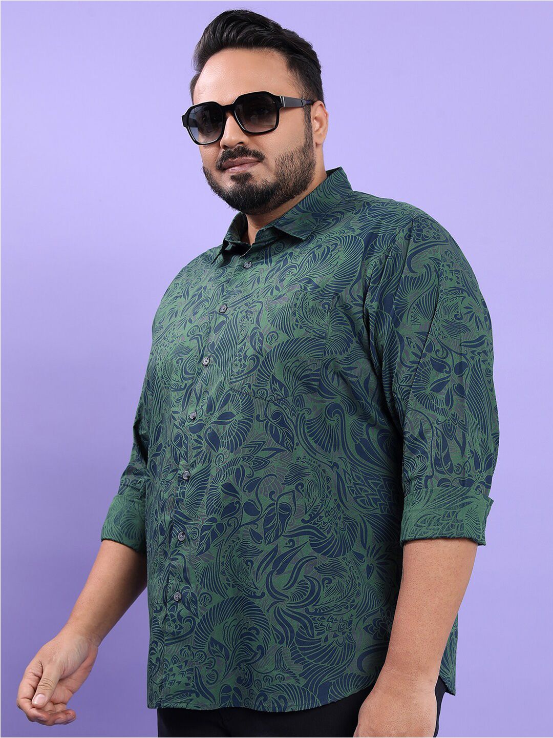 HIGHLANDER Plus Size Floral Printed Spread Collar Regular Fit Cotton Casual Shirt