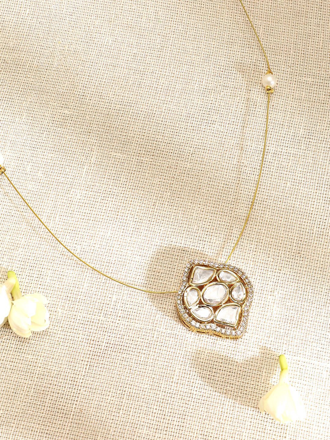 Rubans 22K Gold-Plated Kundan & Cubic Zirconia Pendant Necklace with Pearl Detailing