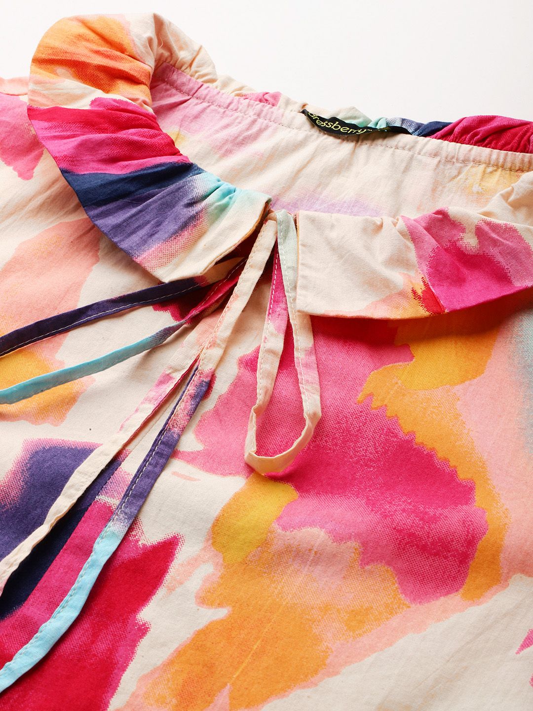 DressBerry Dyed Tie-Up Neck Puff Sleeves Cotton Top