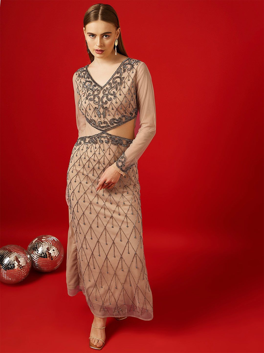 STREET 9 Embellished Long Sleeves Net Maxi Dress