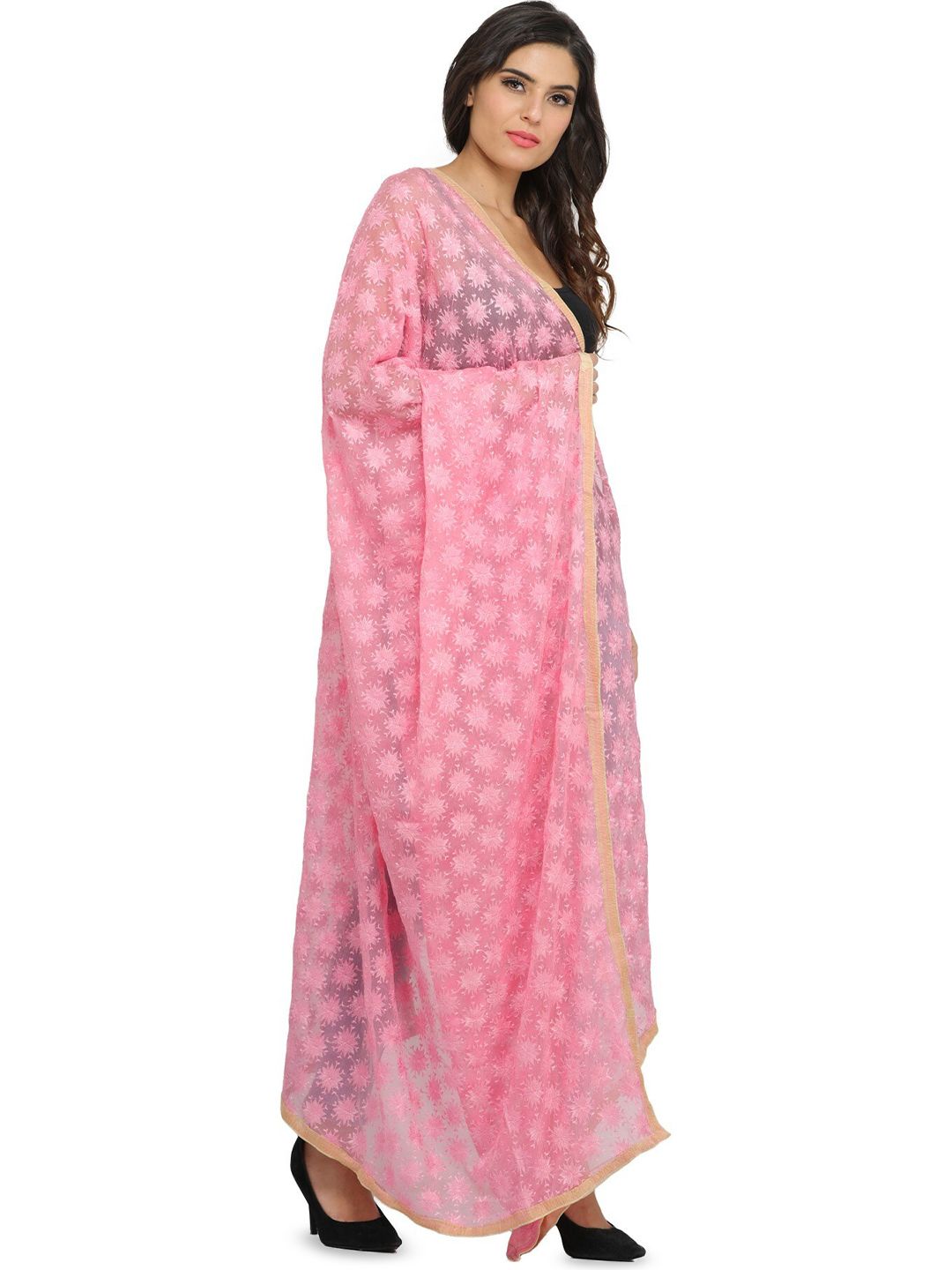Exotic India Candy Pink Phulkari Dupatta with Embroidered Bootis in Self-color Thread