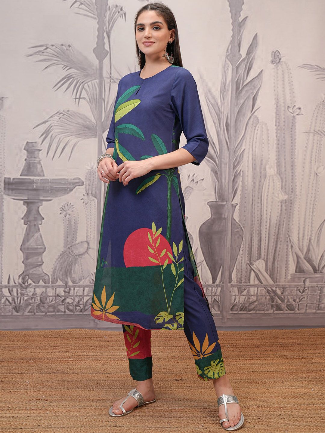 Vishudh Blue Floral Printed Round Neck Straight Kurta with Trouser