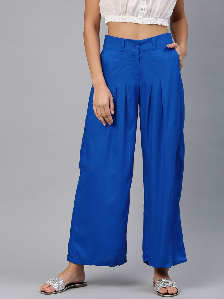 W Women Blue Solid Wide Leg Palazzos