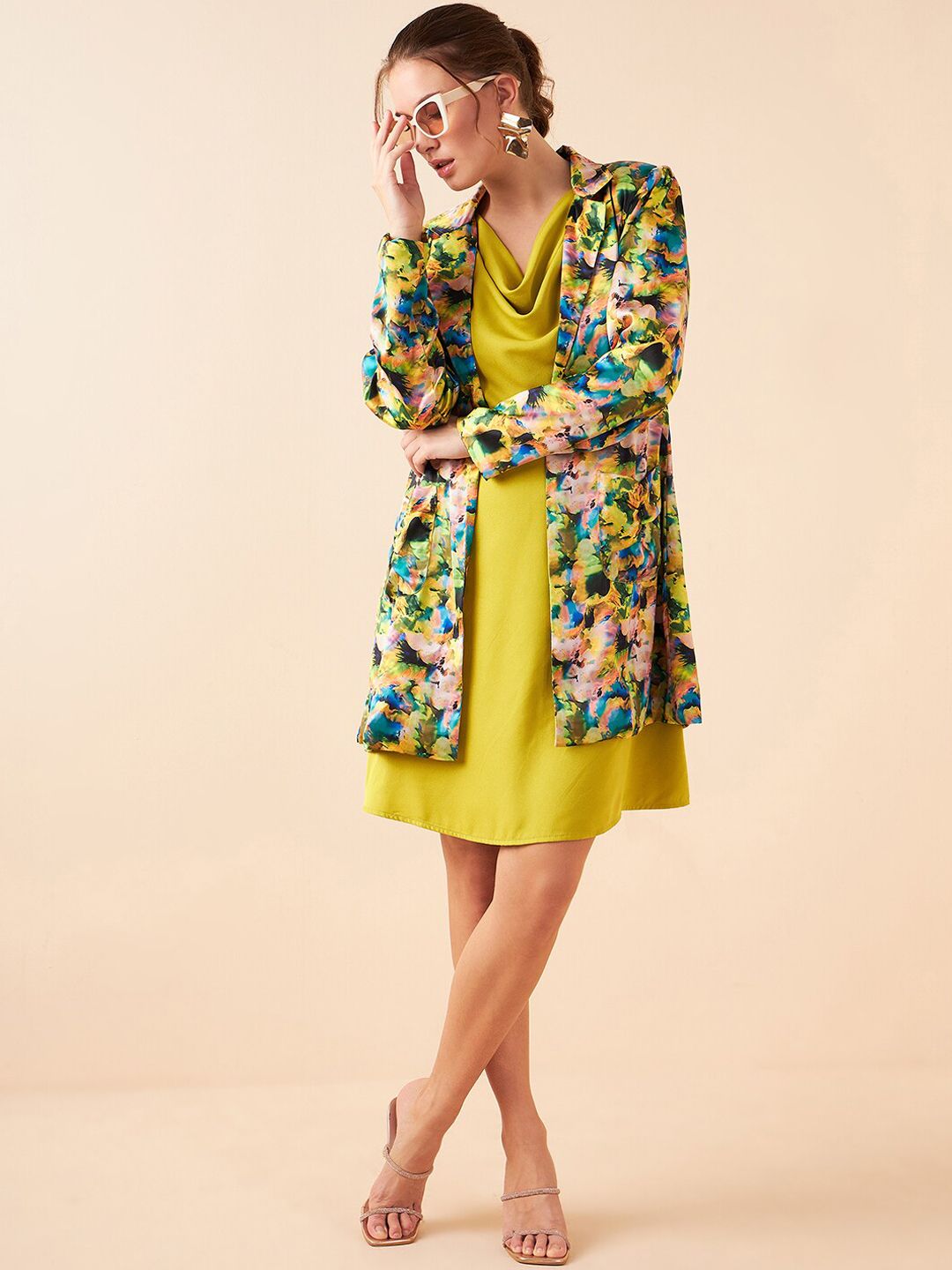 Antheaa Cowl Neck A-Line Dress With Printed Jacket