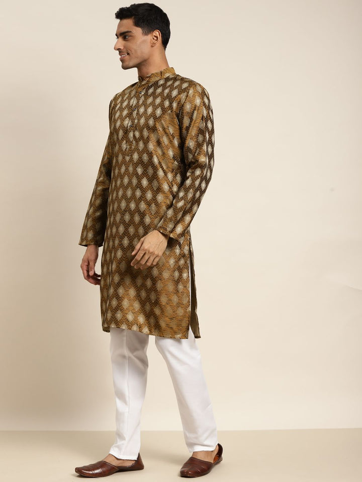 SOJANYA Lelaki Mustard Yellow & Gold-Tona Jacquard Kurta