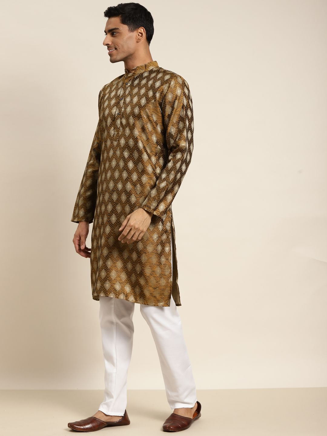 SOJANYA Lelaki Mustard Yellow & Gold-Tona Jacquard Kurta