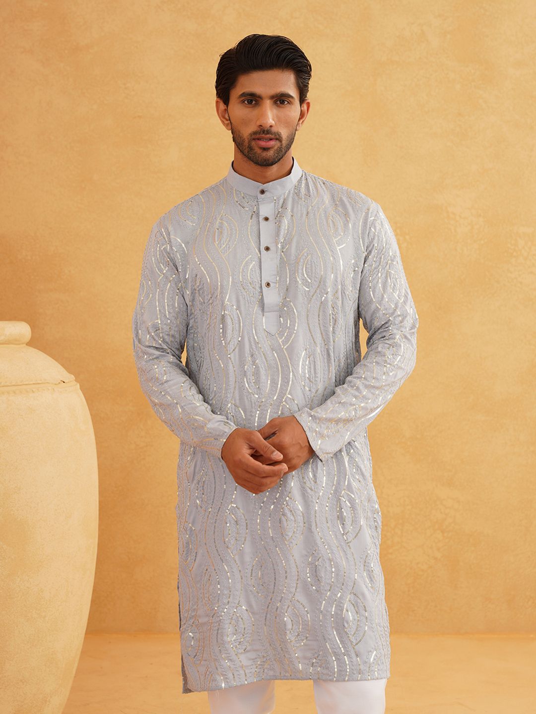 SOJANYA Leheriya Embroidered Sequinned Pure Cotton Kurta With Churidar