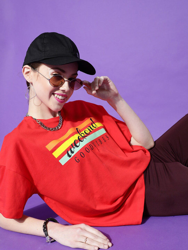 STREET 9 Women Red Typography Printed Pure Cotton Outdoor T-shirt