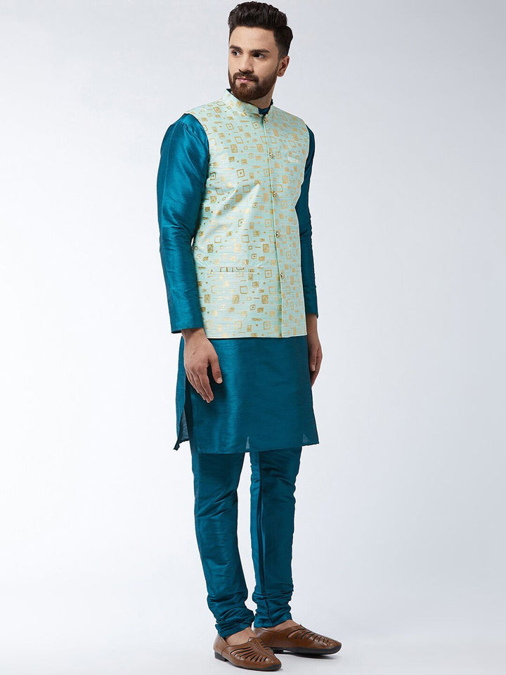 SOJANYA Mandarin Collar Straight Kurta with Churidar with Printed Nehru Jacket