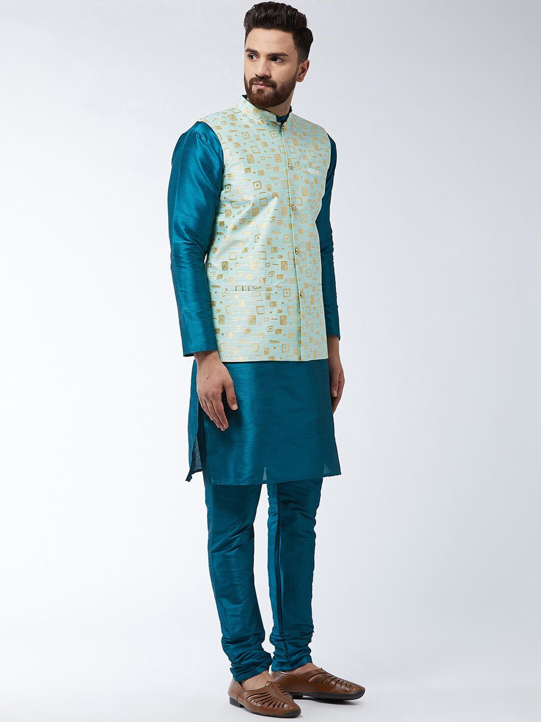 SOJANYA Mandarin Collar Straight Kurta with Churidar with Printed Nehru Jacket