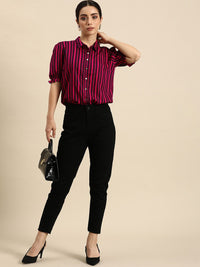 all about you Women Puff Sleeves Spread Collar Striped Casual Shirt