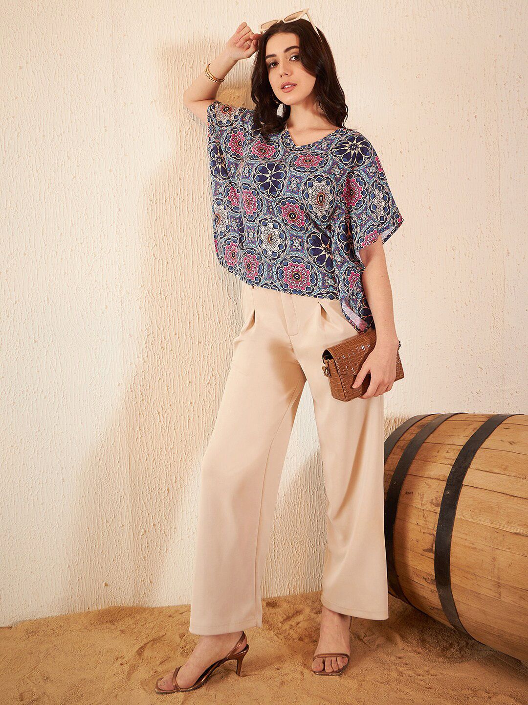 DENNISON Ethnic Motif Printed Batwing Sleeve Ethnic Crepe Kaftan Top