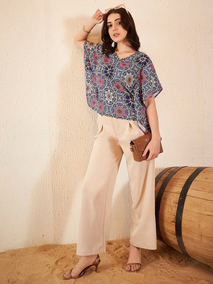 DENNISON Ethnic Motif Printed Batwing Sleeve Ethnic Crepe Kaftan Top